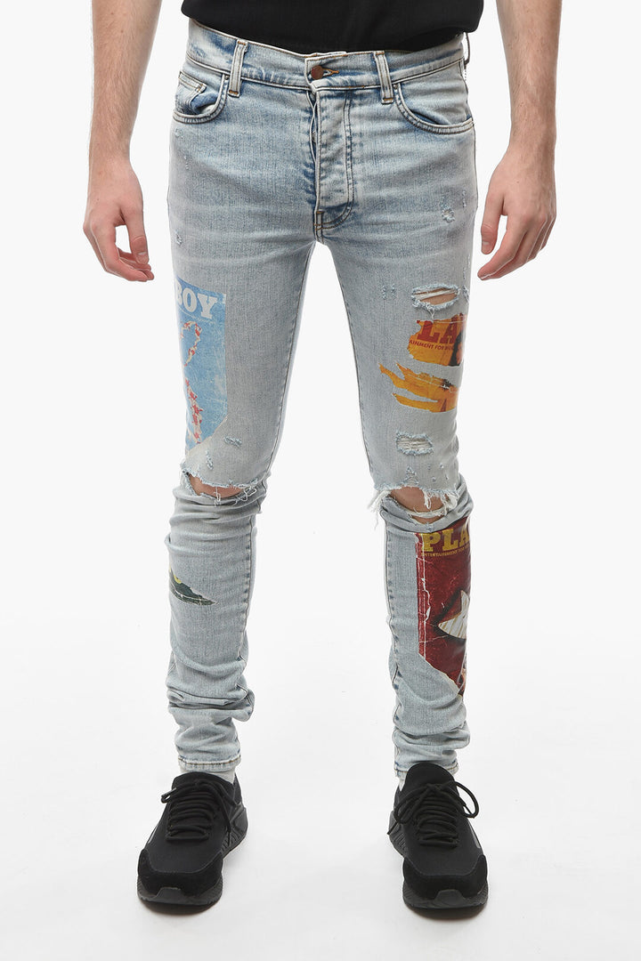 Amiri Playboy Jeans Skinny Strappati con Stampa 14cm