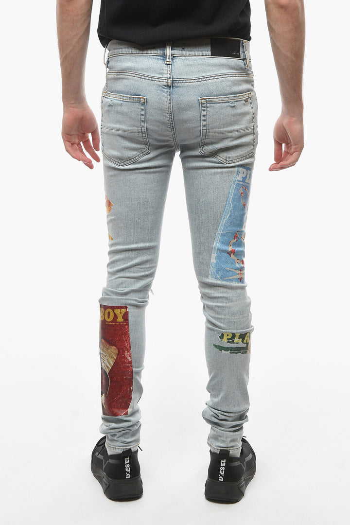 Amiri Playboy Jeans Skinny Strappati con Stampa 14cm