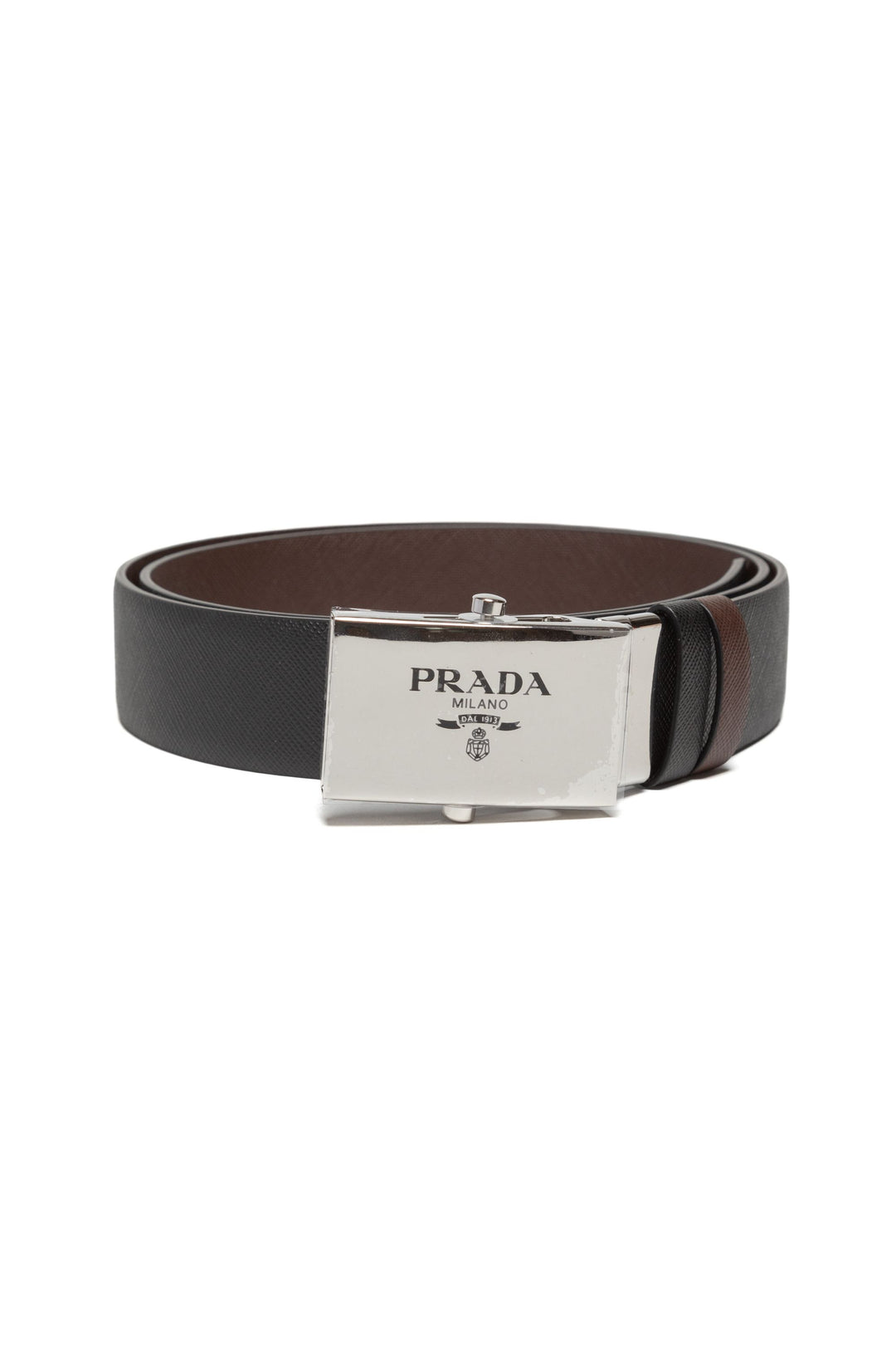 Prada Black-Brown Leather Belt with Silver Buckle - Made in Italy