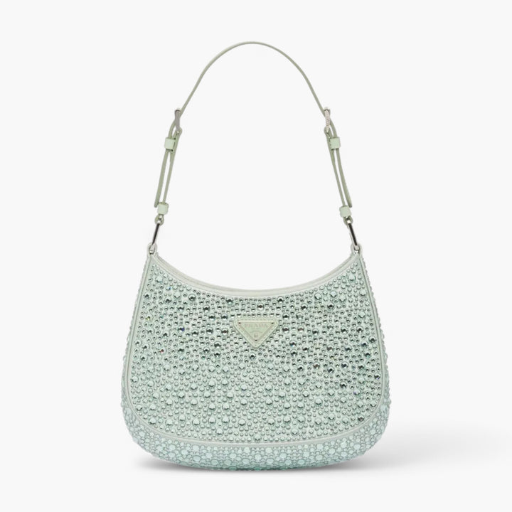 PRADA Cleo Satin Crystal Appliqué Shoulder Bag Acqua