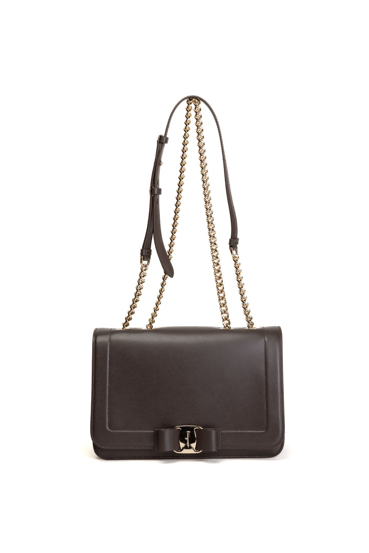 Salvatore Ferragamo Brown Leather Bag with Bow Detail and Chain Strap