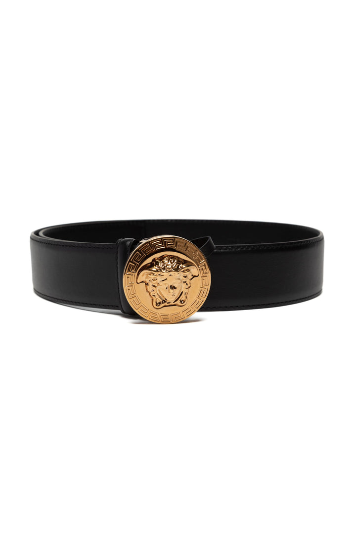 Versace Black-Gold Leather Belt with Iconic Medusa Head Buckle