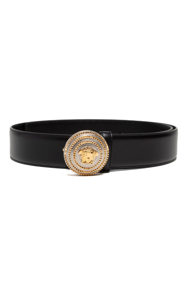 Versace Black Leather Belt with Gold Medusa Head Buckle