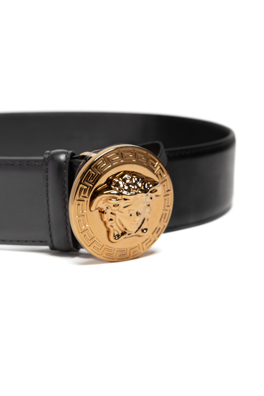 Versace Black-Gold Leather Belt with Iconic Medusa Head Buckle