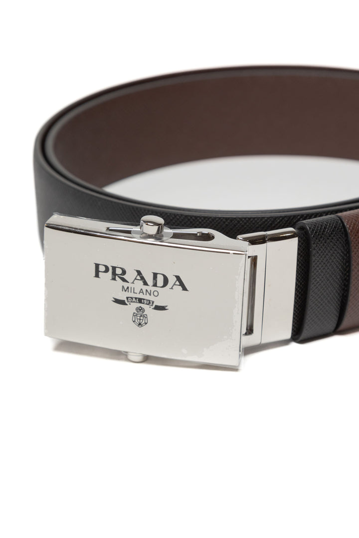 Prada Black-Brown Leather Belt with Silver Buckle - Made in Italy