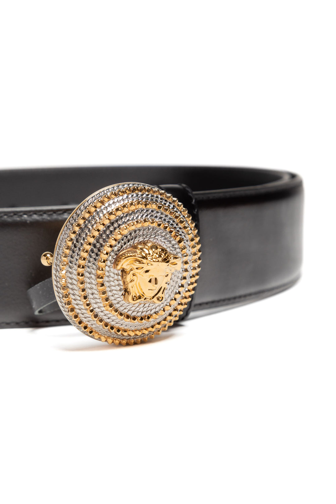 Versace Black Leather Belt with Gold Medusa Head Buckle