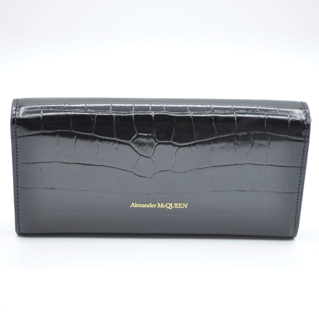 Alexander McQueen Black Crocodile-Embossed Leather Wallet with Gold Skull Motif