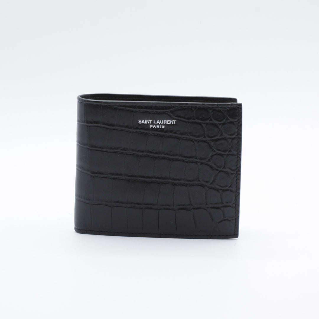 Saint Laurent Croc-Embossed Black Leather Wallet with Iconic Logo - Made in Italy