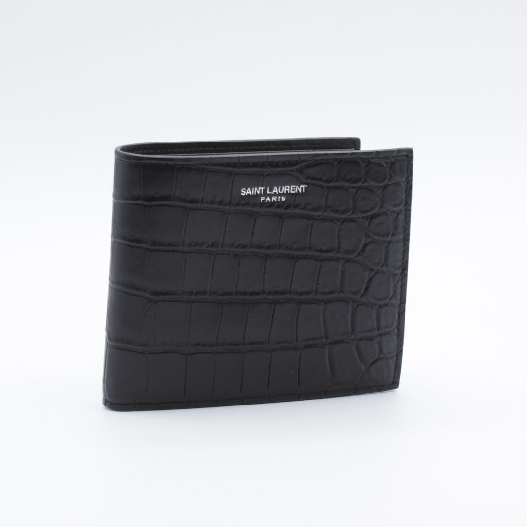 Saint Laurent Croc-Embossed Black Leather Wallet with Iconic Logo - Made in Italy