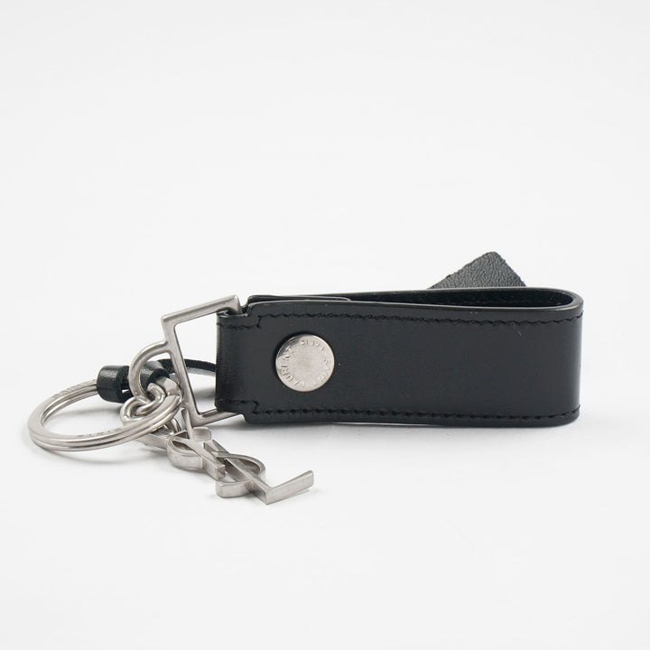 Saint Laurent Black Leather Keychain with YSL Logo Charm