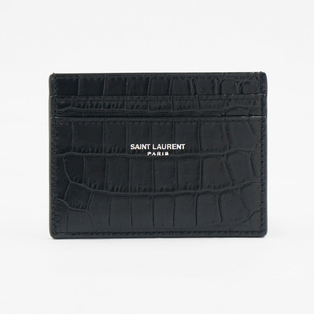 Saint Laurent Black Crocodile-Embossed Wallet with Silver-Tone Logo