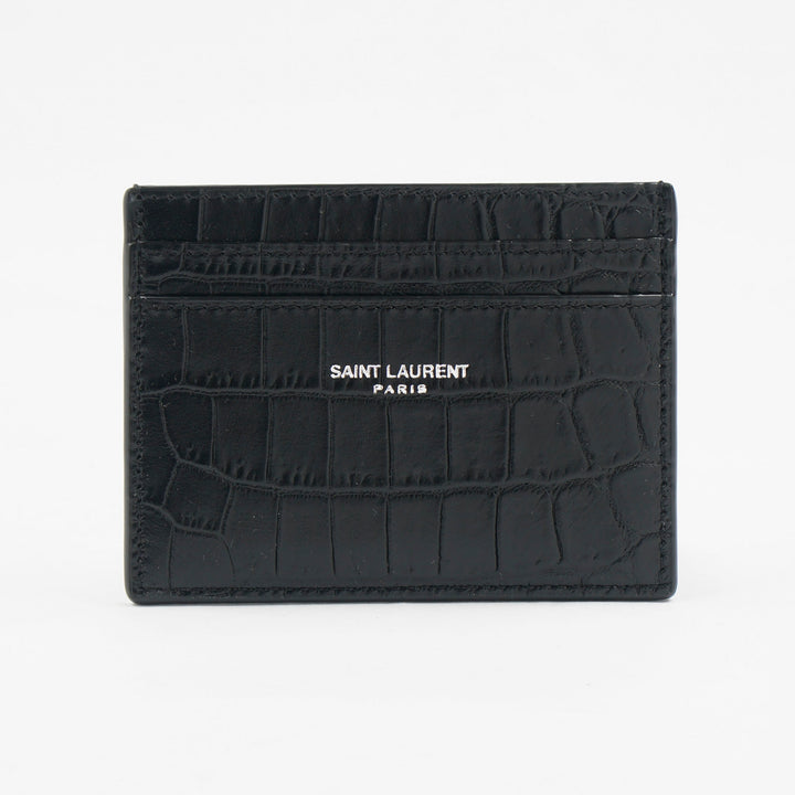 Saint Laurent Black Crocodile-Embossed Wallet with Silver-Tone Logo