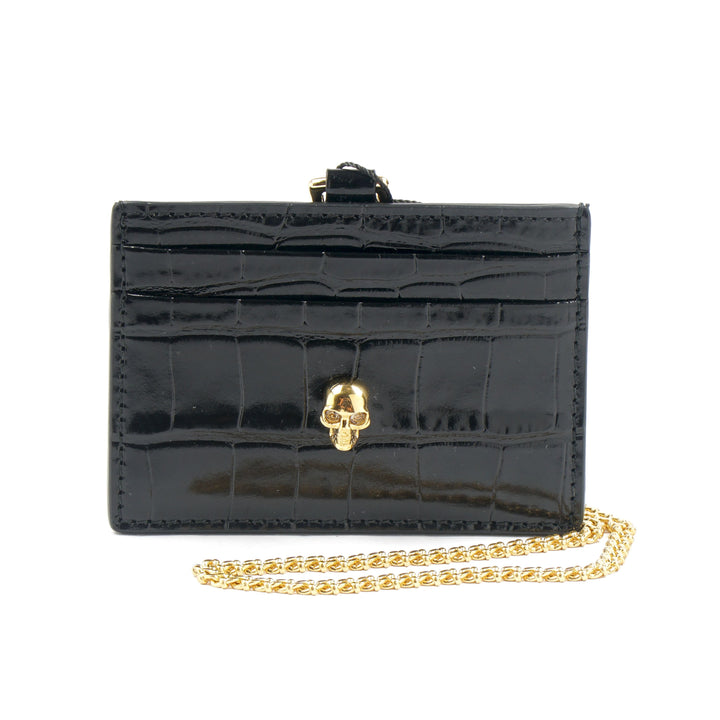 Alexander McQueen Black Crocodile Embossed Leather Wallet with Gold Skull Detail