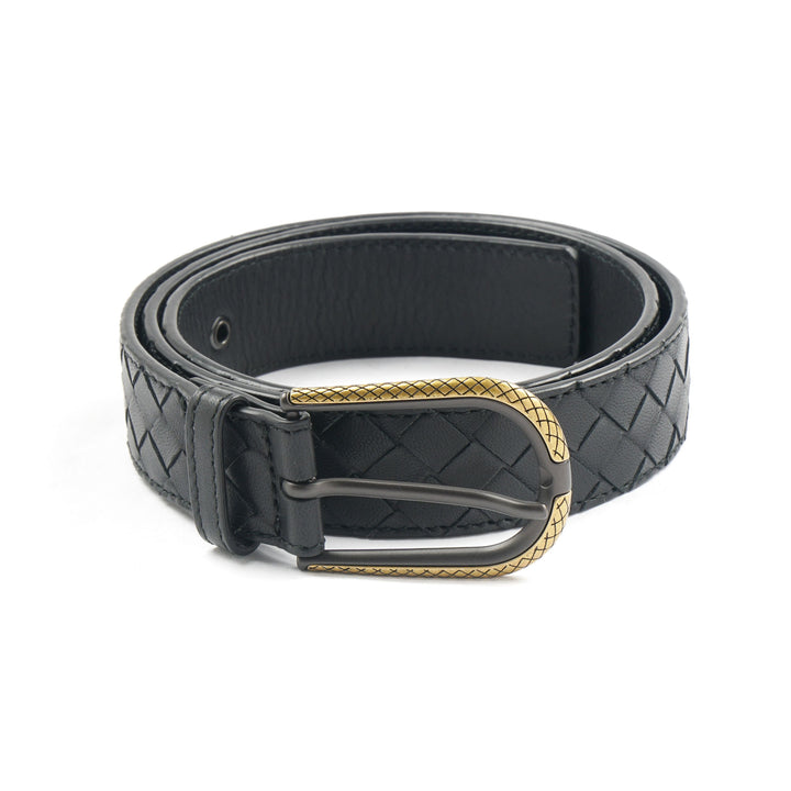 Bottega Veneta Intrecciato Leather Belt with Brass Buckle - Black/Gold