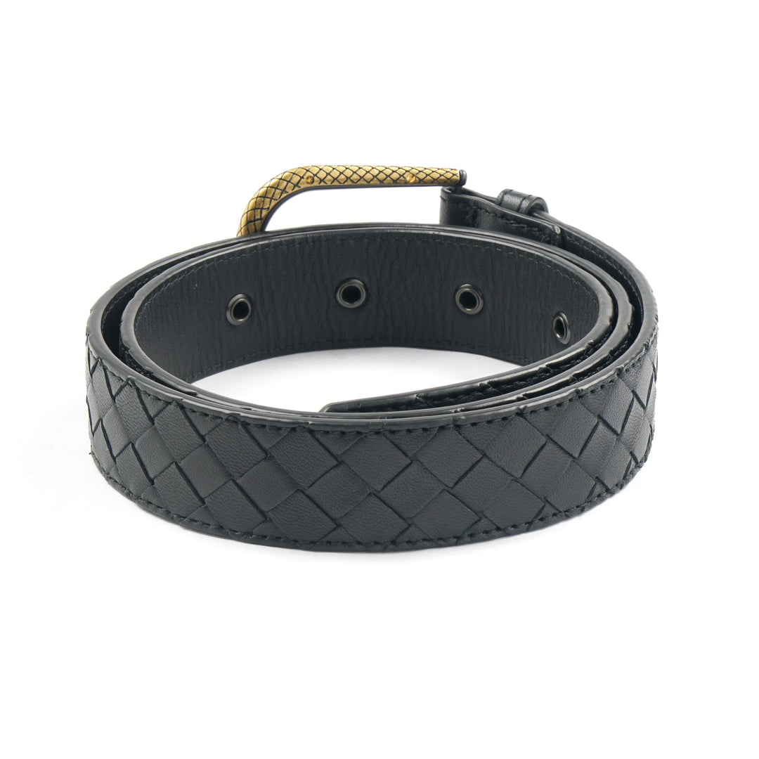 Bottega Veneta Intrecciato Leather Belt with Brass Buckle - Black/Gold