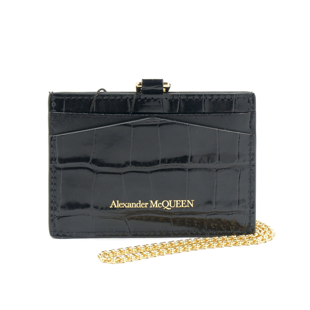 Alexander McQueen Black Crocodile Embossed Leather Wallet with Gold Skull Detail