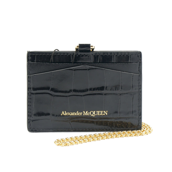 Alexander McQueen Black Crocodile Embossed Leather Wallet with Gold Skull Detail