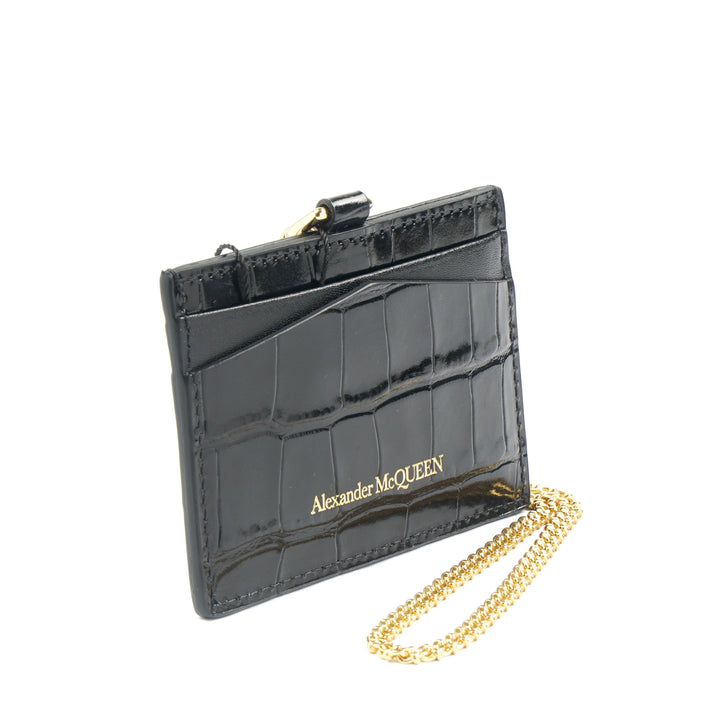 Alexander McQueen Black Crocodile Embossed Leather Wallet with Gold Skull Detail