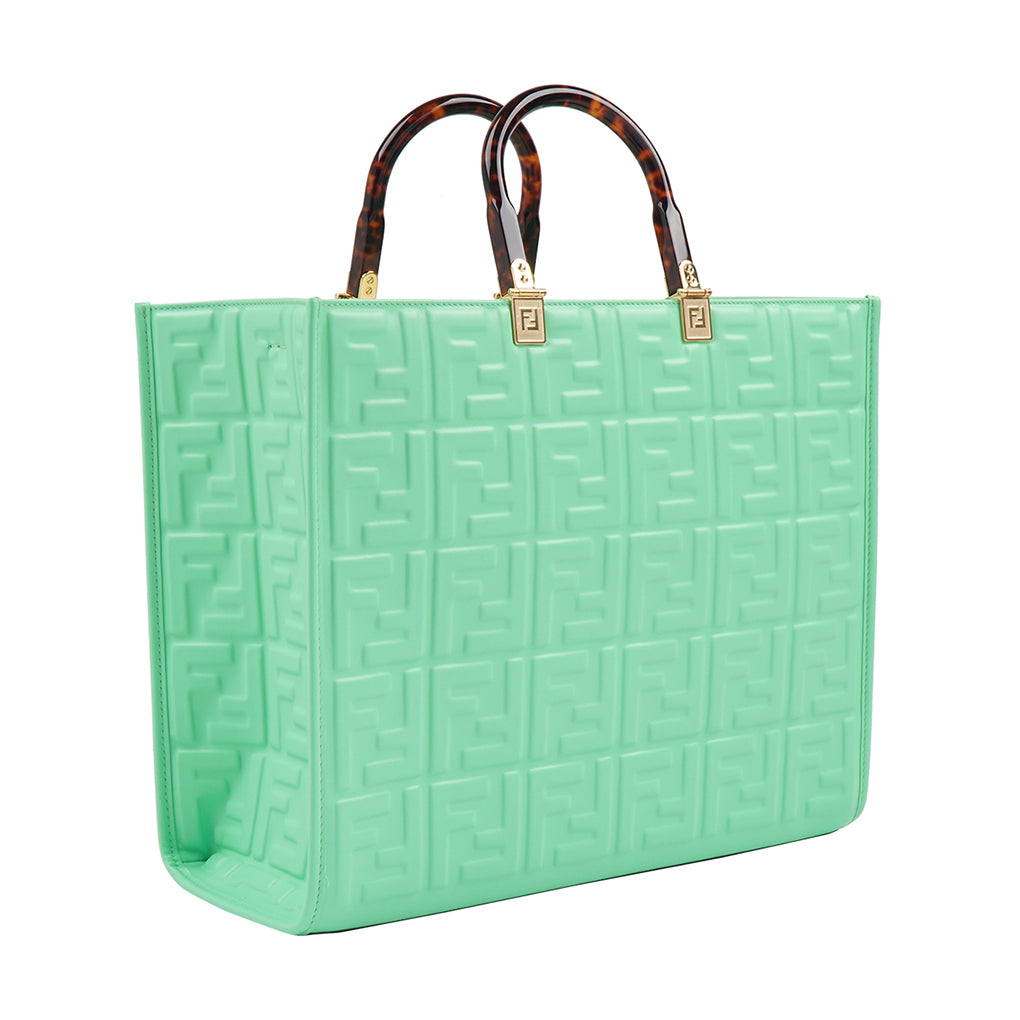 Fendi Bags - Mint Green Embossed Logo Bag with Tortoiseshell Handles, Made in Italy