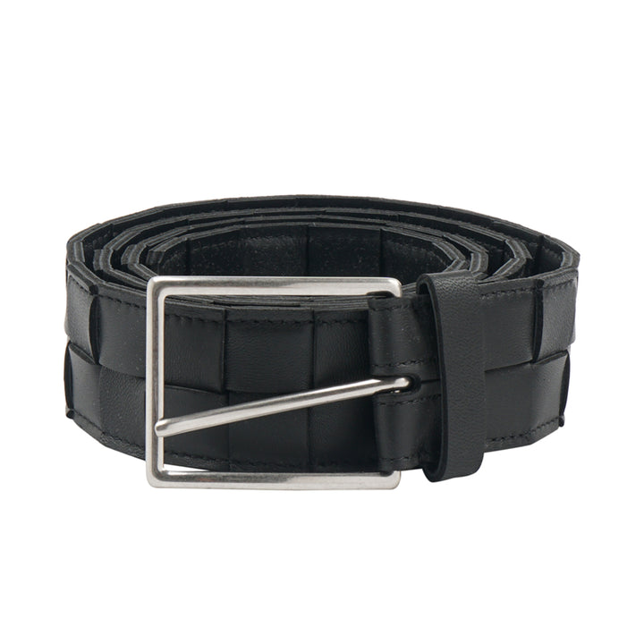 Bottega Veneta Elegant Woven Black Belt with Silver Buckle - Made in Italy