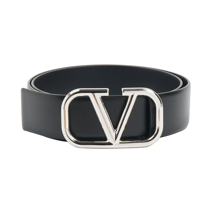 Valentino Black Leather Belt with V-Logo Buckle - Made in Italy