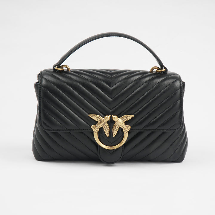 Pinko Luxe Chevron Quilted Bag in Black-Gold with Twin Bird Buckle