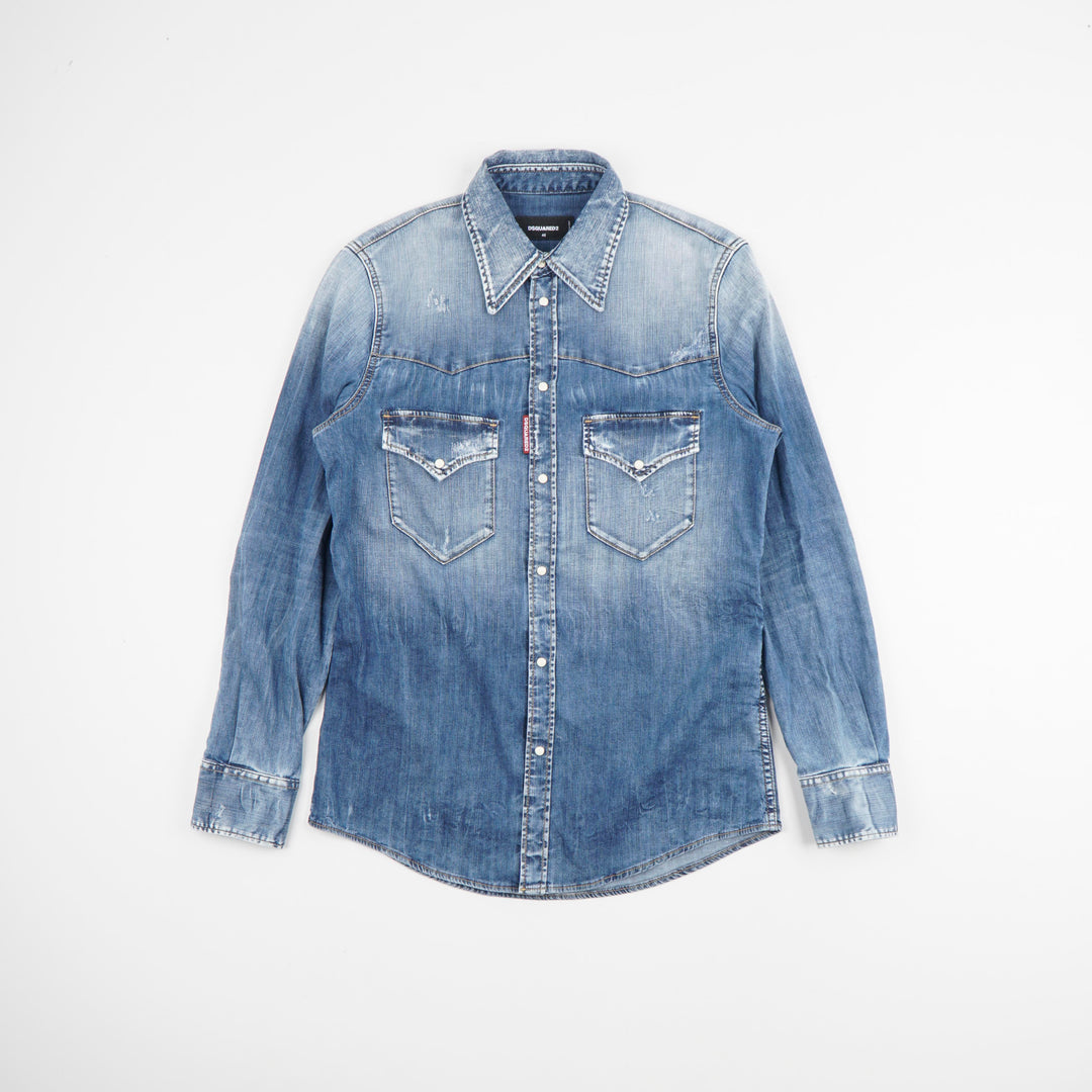 DSQUARED2 Faded Denim Button-Down Shirt with Front Pockets