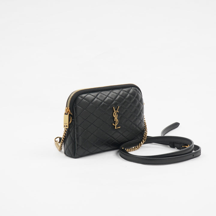 Saint Laurent Quilted Black Leather Crossbody Bag with Gold YSL Logo