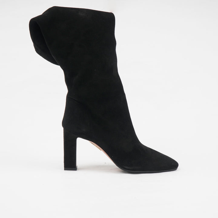 AQUAZZURA Black Suede Elegant Block Heel Boots Made in Italy