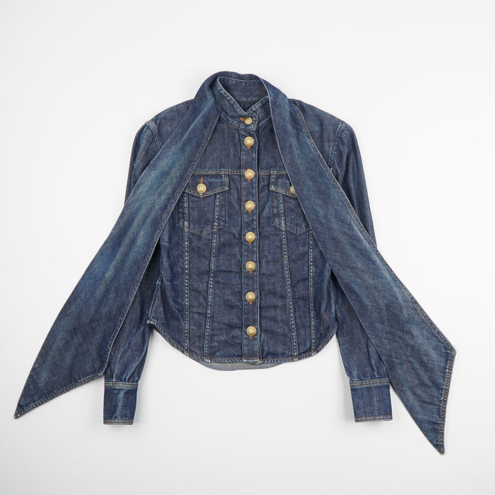 Balmain Denim Jacket with Gold-Toned Buttons and Scarf Extension