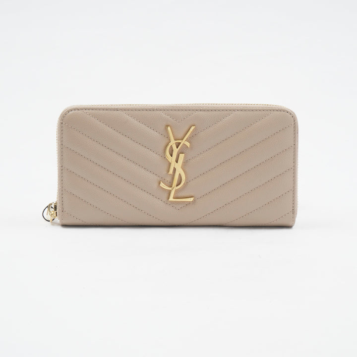 SAINT LAURENT Nude-Gold Quilted Chevron Leather Wallet with YSL Logo