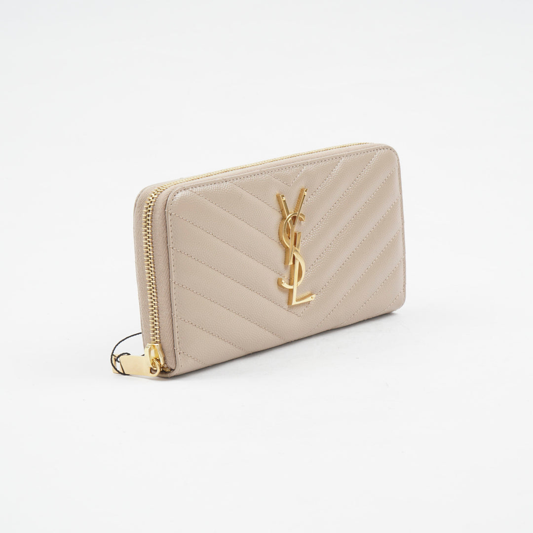 SAINT LAURENT Nude-Gold Quilted Chevron Leather Wallet with YSL Logo