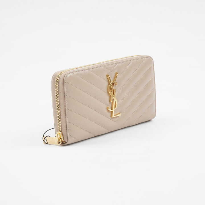 SAINT LAURENT Nude-Gold Quilted Chevron Leather Wallet with YSL Logo