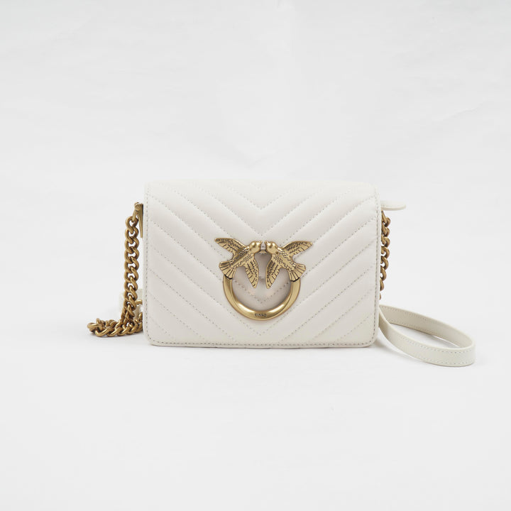 PINKO Love Birds Quilted Leather Bag in White-Gold with Chain Strap