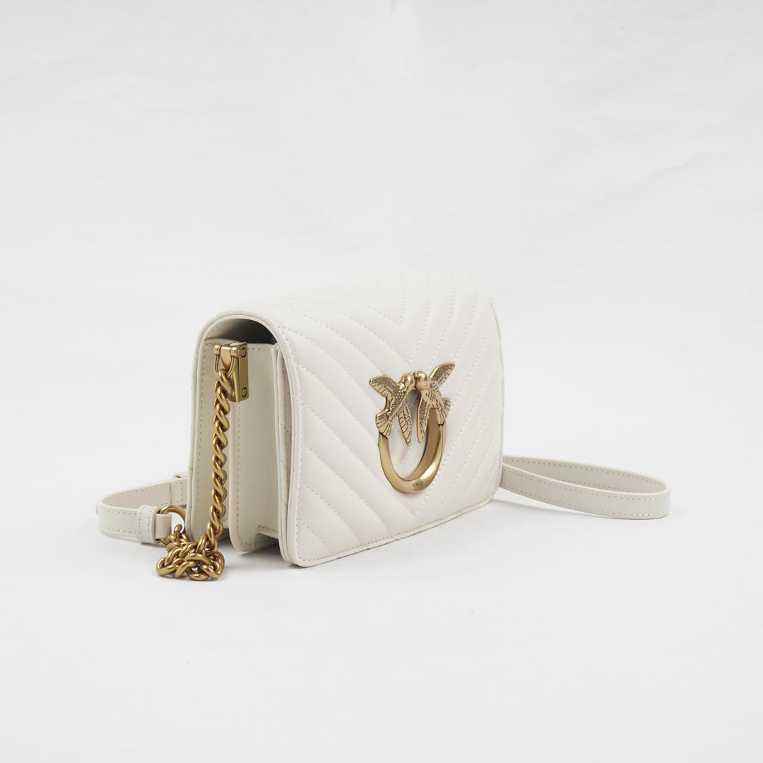 PINKO Love Birds Quilted Leather Bag in White-Gold with Chain Strap