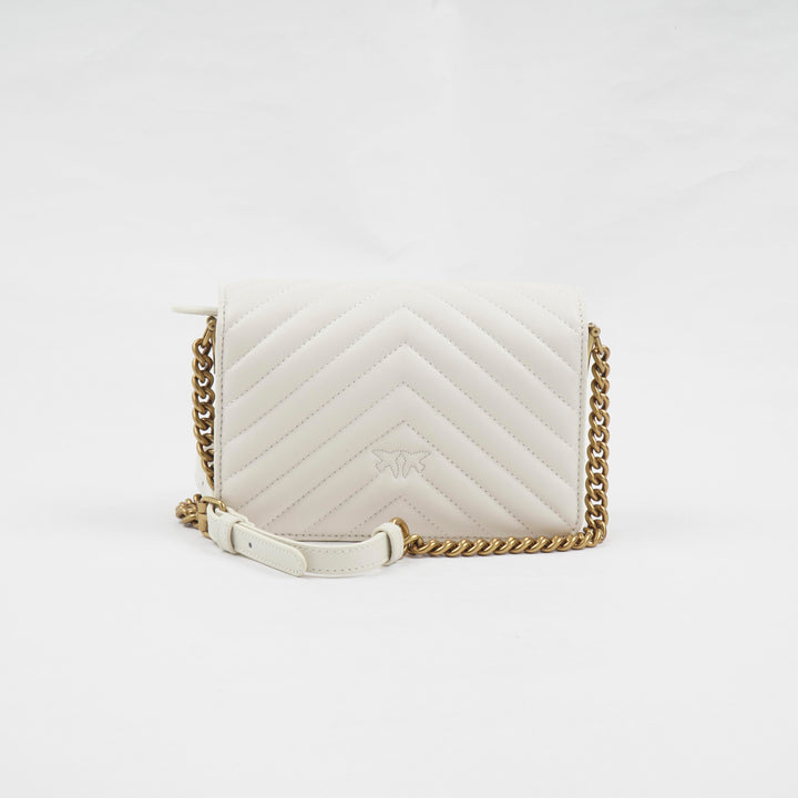 PINKO Love Birds Quilted Leather Bag in White-Gold with Chain Strap