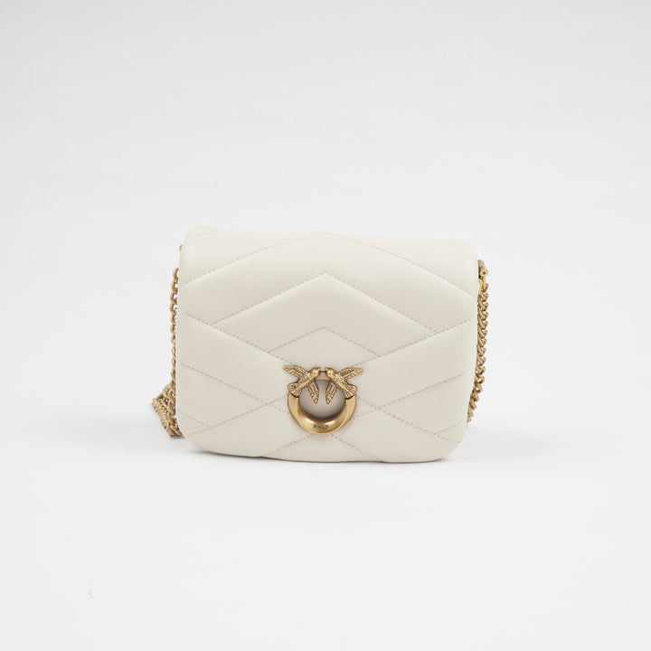 Pinko White Leather Quilted Bag with Gold-Tone Buckle and Chain Strap