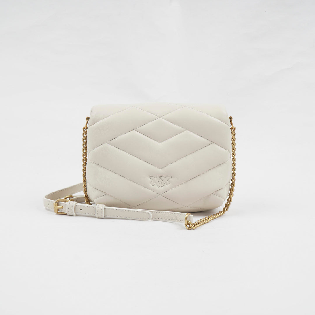 Pinko White Leather Quilted Bag with Gold-Tone Buckle and Chain Strap