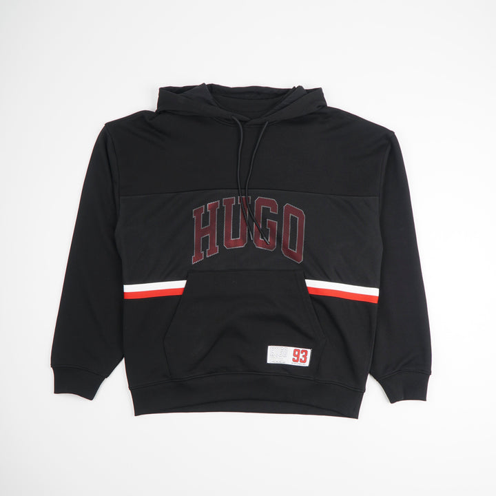 HUGO BOSS Men's Black Hoodie with Bold Branding and Stripe Details