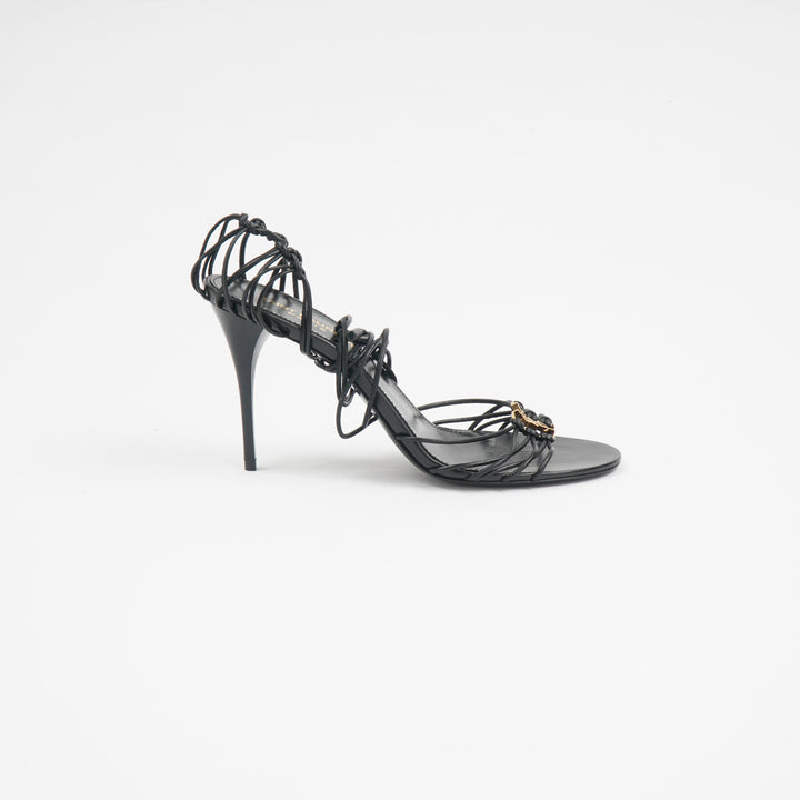 SAINT LAURENT Elegant High-Fashion Black-Gold Sandals with Stiletto Heel