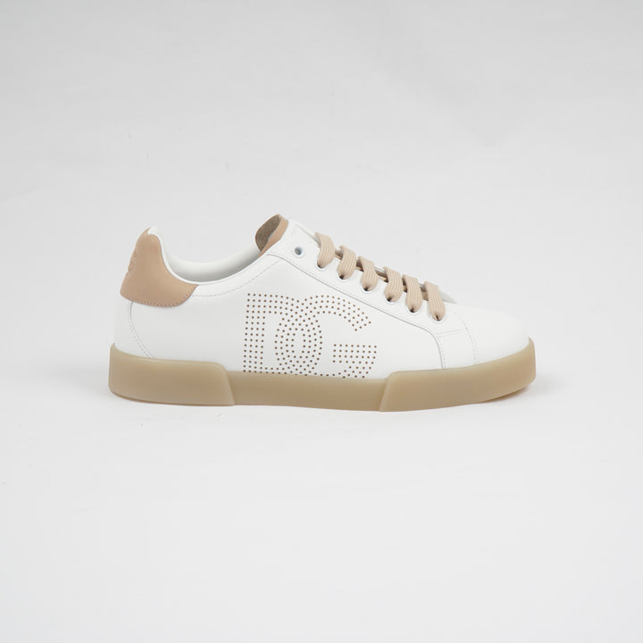 Dolce & Gabbana White-Beige Sneakers with Perforated Logo