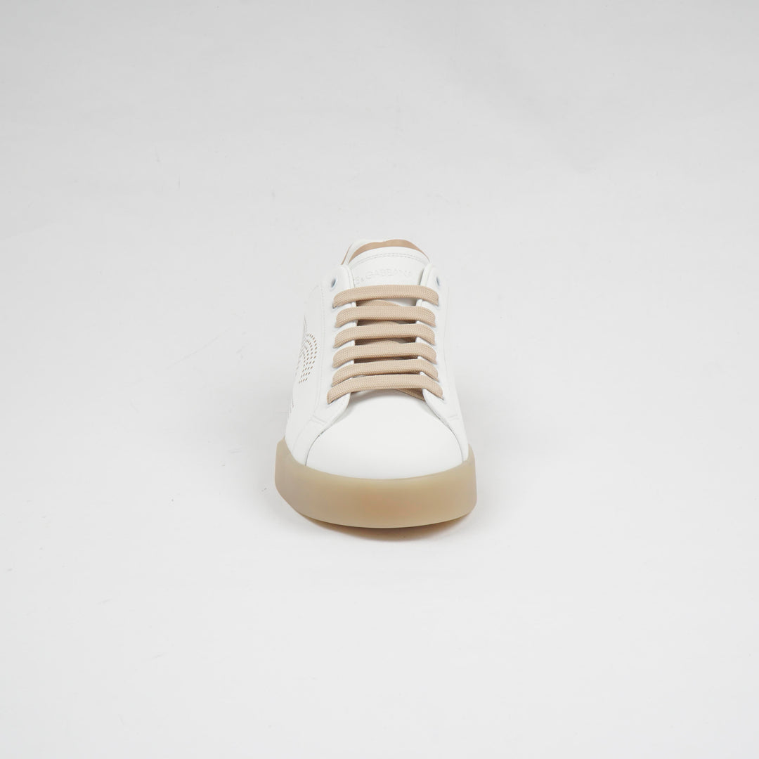 Dolce & Gabbana White-Beige Sneakers with Perforated Logo