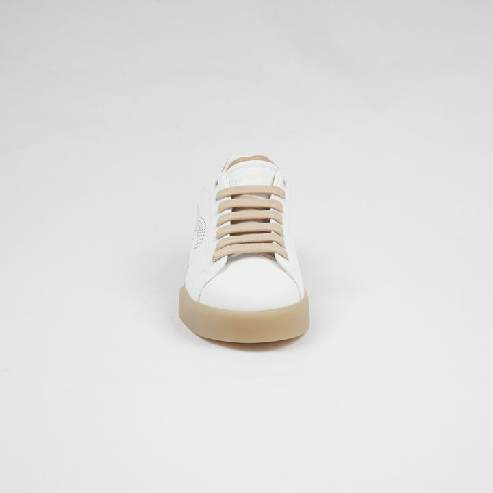 Dolce & Gabbana White-Beige Sneakers with Perforated Logo