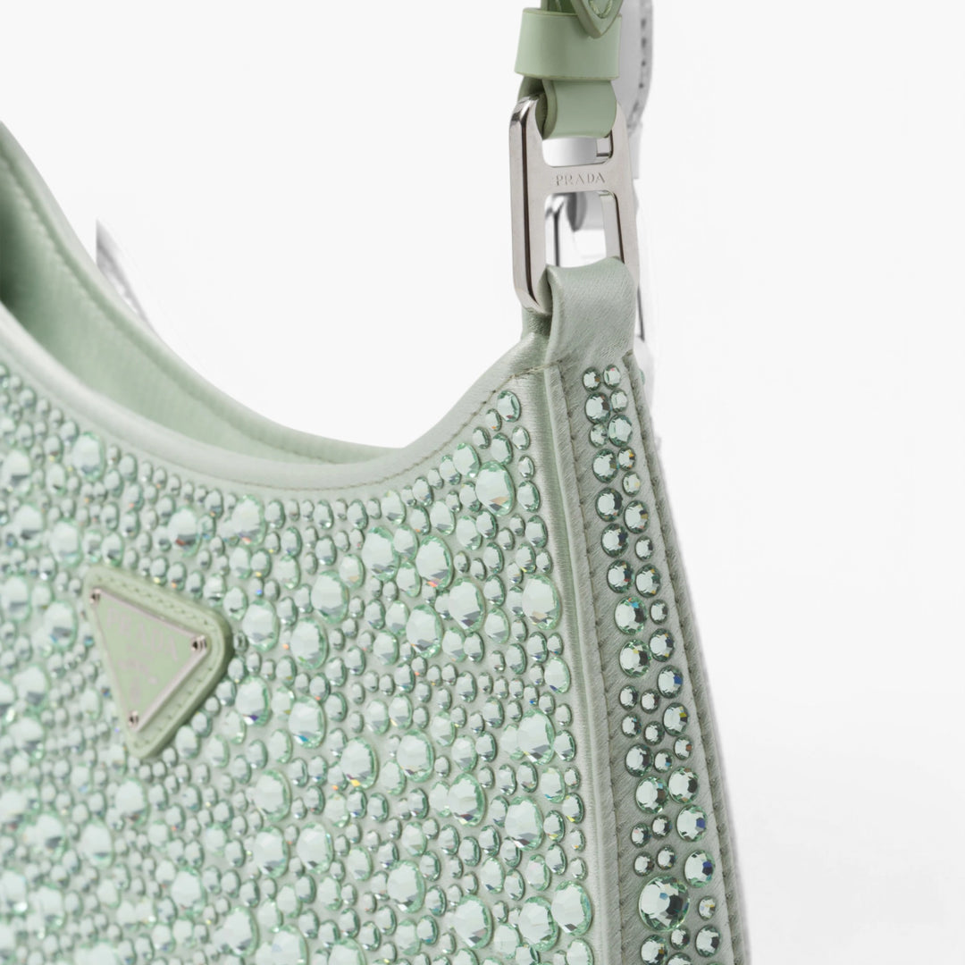 PRADA Cleo Satin Crystal Appliqué Shoulder Bag Acqua