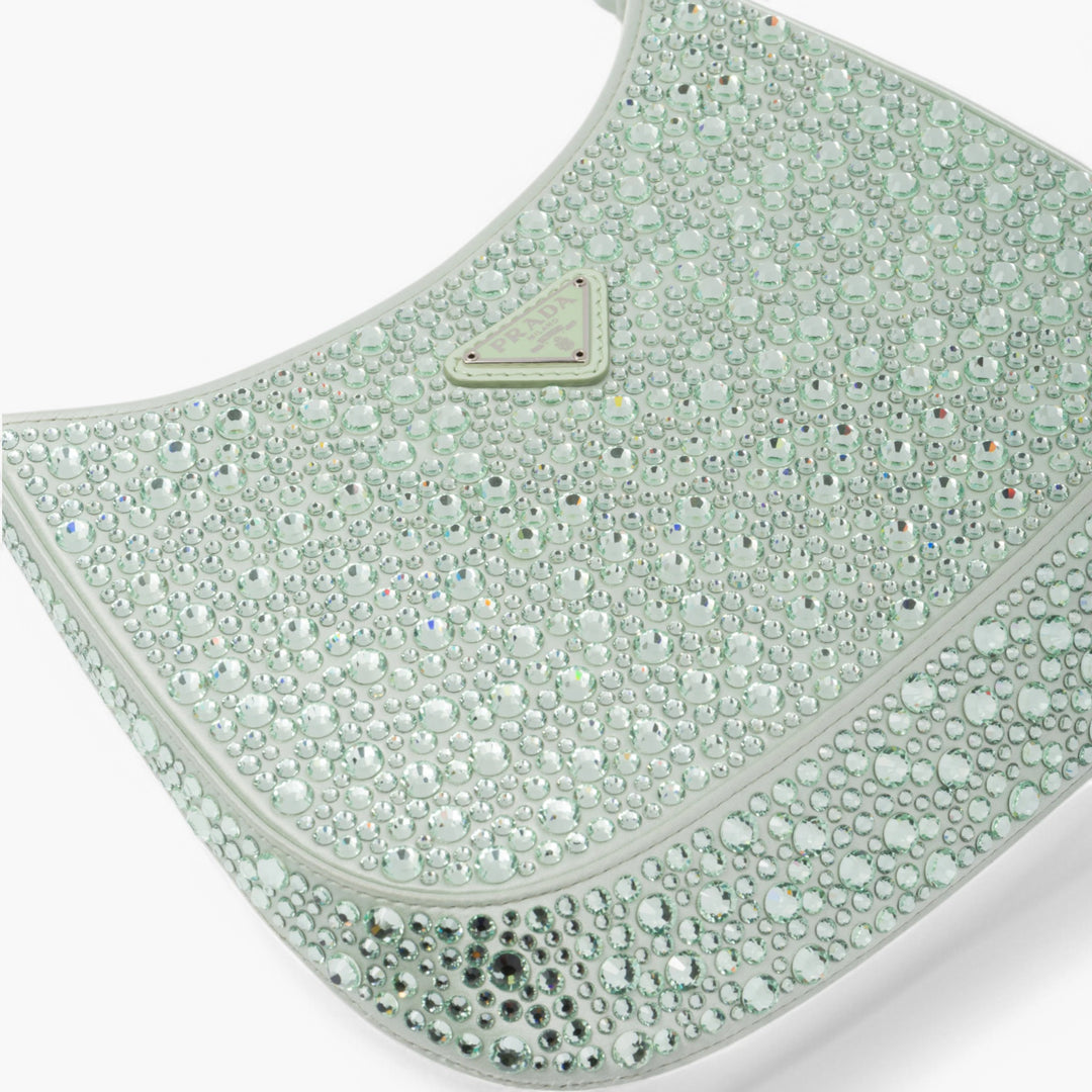 PRADA Cleo Satin Crystal Appliqué Shoulder Bag Acqua