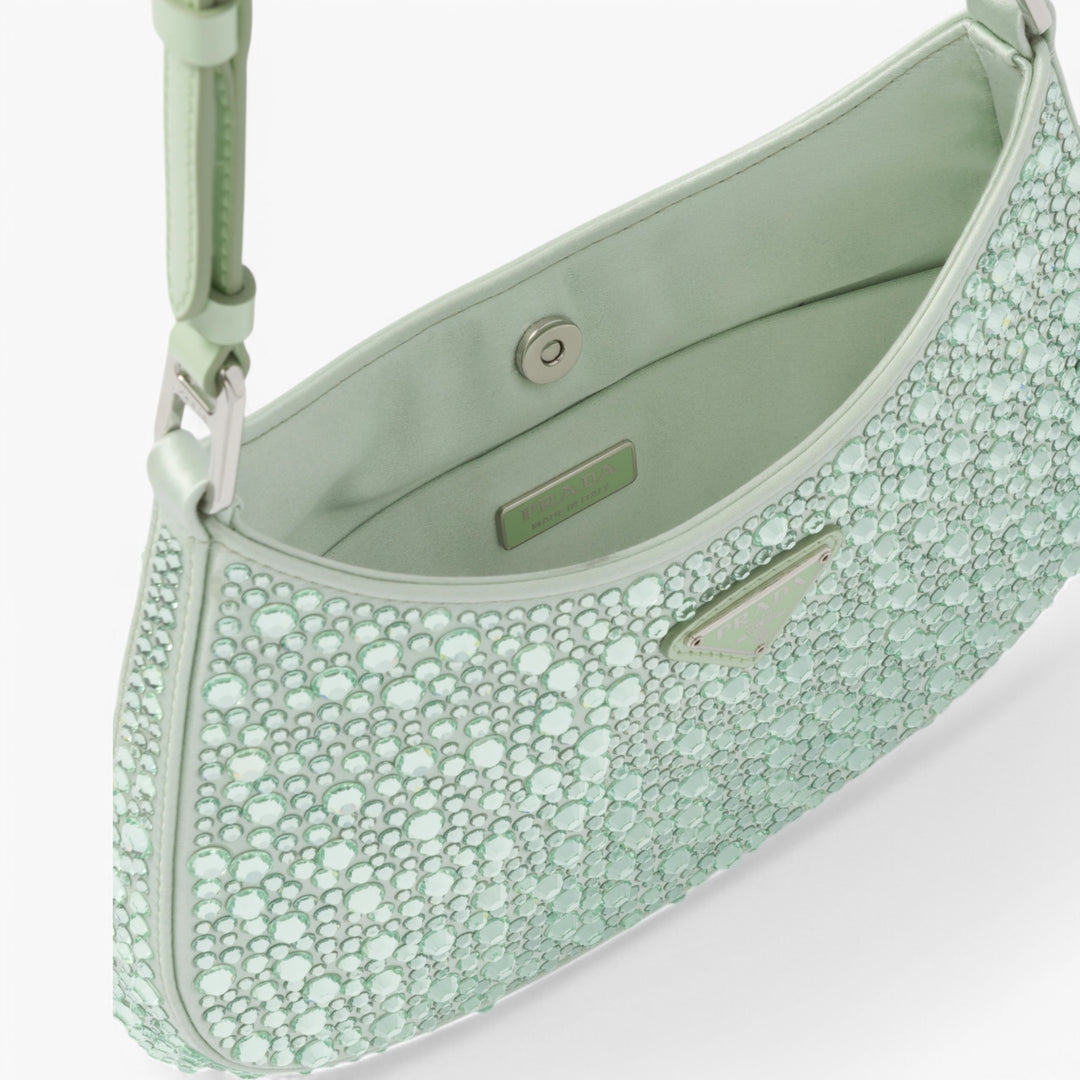 PRADA Cleo Satin Crystal Appliqué Shoulder Bag Acqua