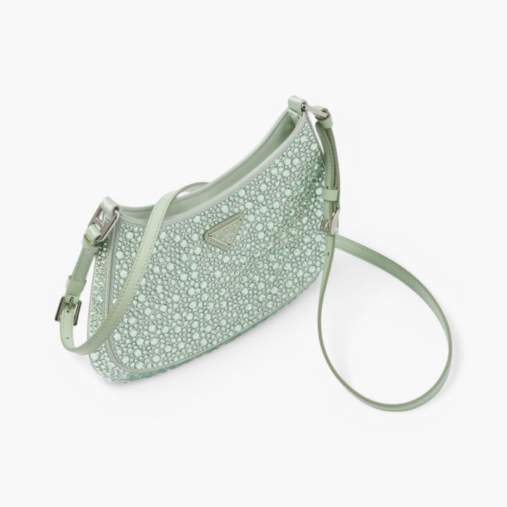 PRADA Cleo Satin Crystal Appliqué Shoulder Bag Acqua