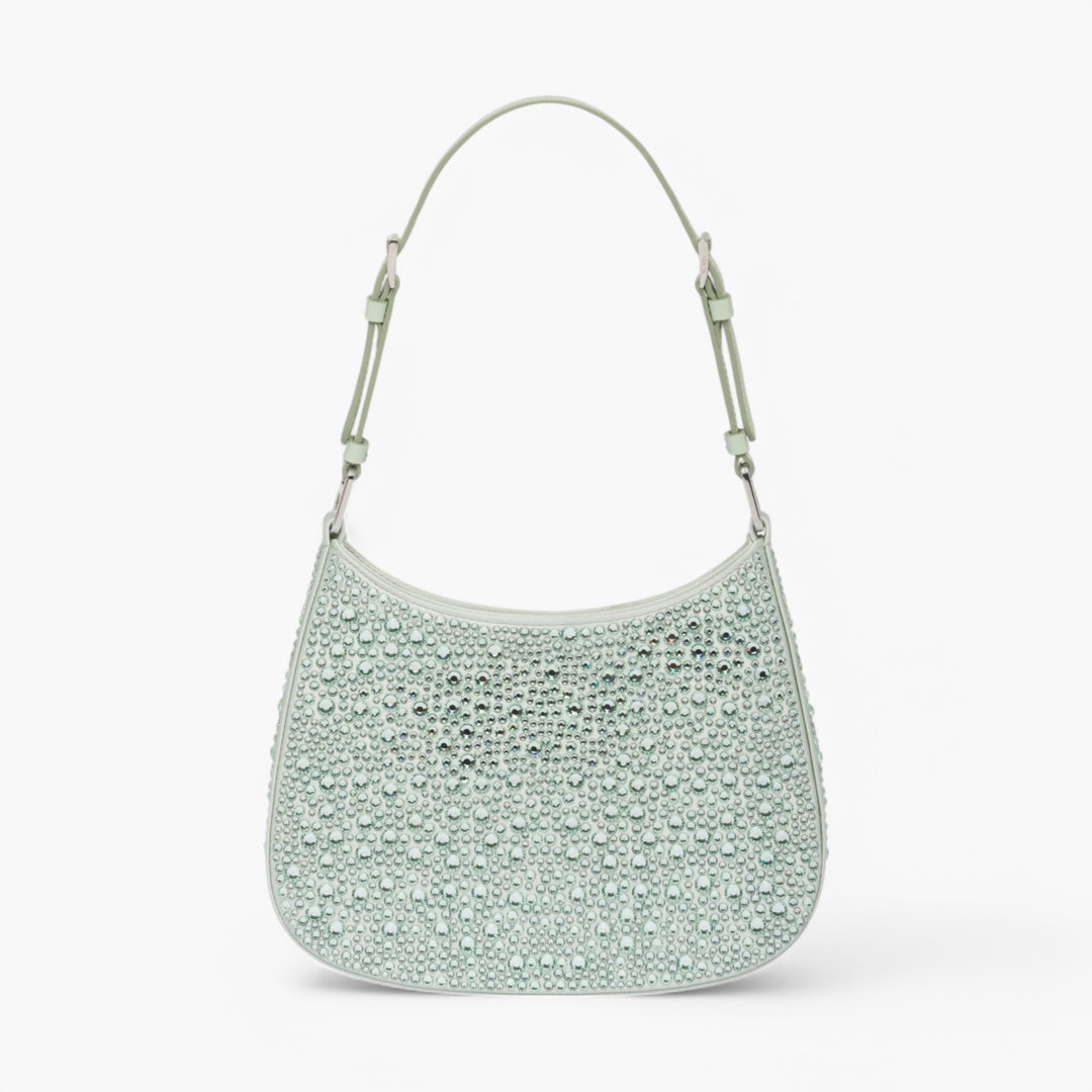 PRADA Cleo Satin Crystal Appliqué Shoulder Bag Acqua