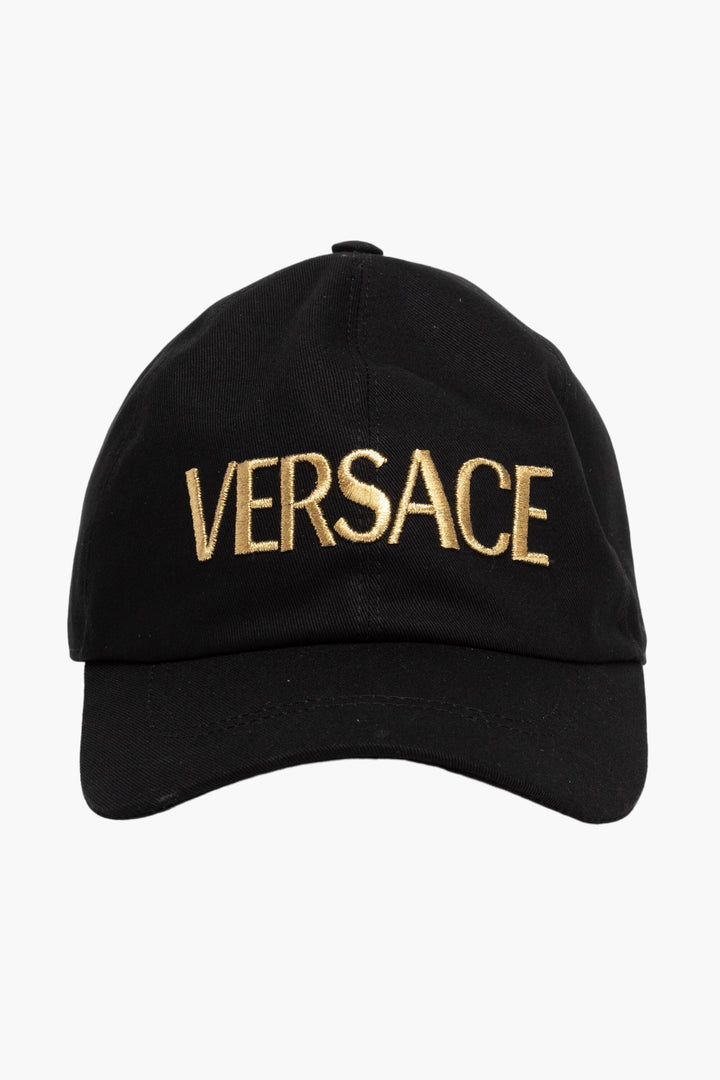 Cappello Versace nero-oro con logo ricamato