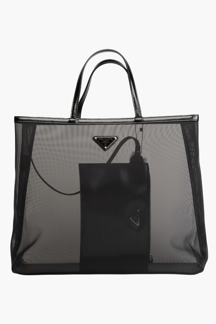 Prada Black Elegant Mesh Tote Bag with Leather Trims - Made in Italy